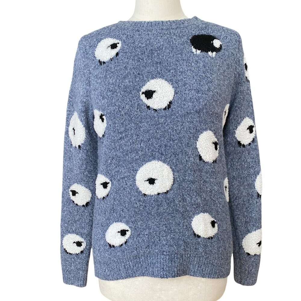 Aspen Black White Sheep Novelty Print Sweater Farm Princess Diana Country Farm-S